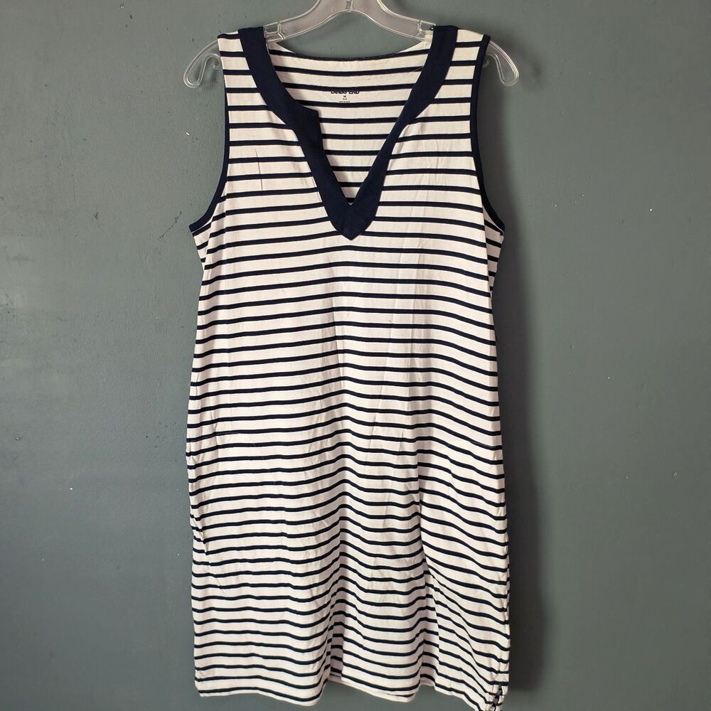 Lands' End Sleeveless Dress M Navy White Stripe Cotton Shift Pockets Coastal